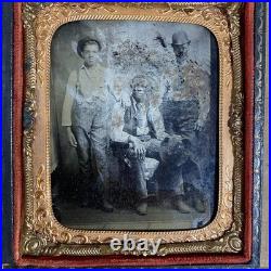 1/6 Plate Tintype Photo 3 African American Workers 1880s Union Case Scratches