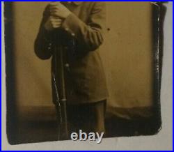 1800's Antique Photo Small Soldier Boy Uniform Rifle Kepi Cap Civil War Era Vtg