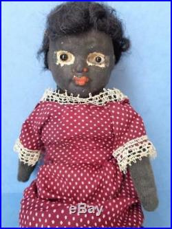 1800s Primitive Folk Art Doll Papier Mache Head Glass Eyes Cloth Black American