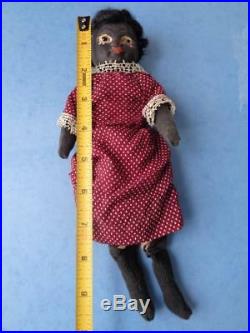 1800s Primitive Folk Art Doll Papier Mache Head Glass Eyes Cloth Black American