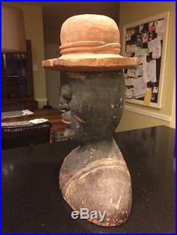 1800s RARE! EARLY FOLK ART AFRICAN AMERICAN ANTIQUE CARVED WOOD BUST SCULPTURE