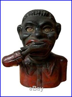 1880s JOLLY NIGGER CAST IRON COIN BANK BLACK AMERICANA, JIM CROW STEREOTYPE