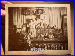 1890's Cabinet Photo Girl w PALMER COX BROWNIES Bowling Pins DOLLS Pull TOYS Dog