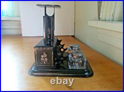 1890s DOUBLE GLASS INKWELL RELIANCE POSTAL SCALE & DRAWERS DESK SET PEN HOLDERS
