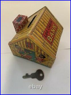 1930s Chein Tin Litho Black Americana Log Cabin & Singers Coin Bank WithKey
