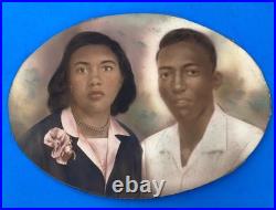 1950s African-American Couple Oval Portrait Vtg Hand-Tinted Photo Card 9x13