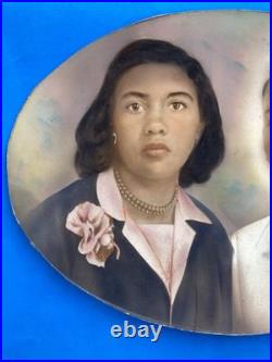 1950s African-American Couple Oval Portrait Vtg Hand-Tinted Photo Card 9x13