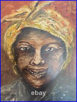 19th Century Original Black Americana Folk Art Oil Painting Portrait Of A Women