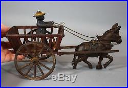 19thC Antique Painted Cast Iron Black Americana Mule Donkey Farmer Wagon Toy
