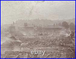 AFRICAN AMERICAN MAN & U. S. INDIAN WARS SOLDIER POSE IN BURNED TOWN PHOTO c1896