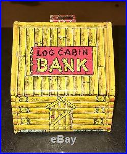 ANTIQUE BANK Tin Log Cabin by Chein Banjo Player and Pickaninny Black Americana