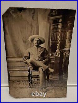 ANTIQUE TINTYPE Photo. Young Man Cowboy Portrait. 1800's RARE