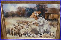 African American Girl Feeding Sheeps Giclee On Canvas Laid On Board Painting