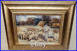 African American Girl Feeding Sheeps Giclee On Canvas Laid On Board Painting