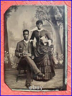 African American Tintype 1/6 Plate Young Black Couple Accomplished Hat Tie 1800s