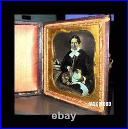 Amazing Rare Sealed Daguerreotype Woman Holding Tabby Cat Painted Gold Eye