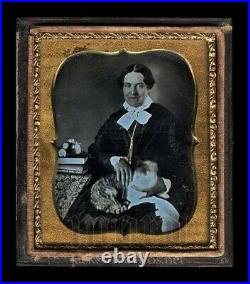 Amazing Rare Sealed Daguerreotype Woman Holding Tabby Cat Painted Gold Eye