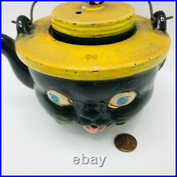 Americana Redware Teapot Black Cat Yellow Hat Japan Norcrest Wire Handle Ceramic