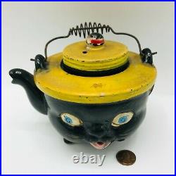 Americana Redware Teapot Black Cat Yellow Hat Japan Norcrest Wire Handle Ceramic
