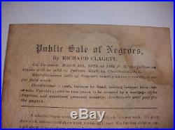 Antique 1833 Slave Auction Broadside poster Richard Clagett SC Black Americana