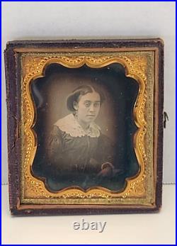 Antique 1850s Daguerreotype Lady Tintype Photograph Victorian Dress Gold Frame