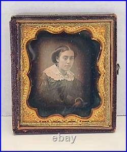 Antique 1850s Daguerreotype Lady Tintype Photograph Victorian Dress Gold Frame