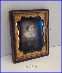 Antique 1850s Daguerreotype Lady Tintype Photograph Victorian Dress Gold Frame