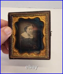 Antique 1850s Daguerreotype Lady Tintype Photograph Victorian Dress Gold Frame