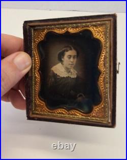 Antique 1850s Daguerreotype Lady Tintype Photograph Victorian Dress Gold Frame