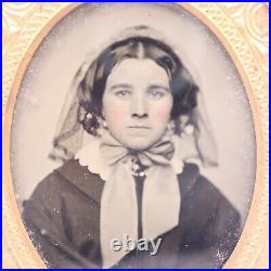 Antique 1860's Ambrotype Photograph Very Beautiful Young Woman Silk Bonnet Hood