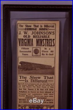 Antique 1921 Black Americana Circus Poster Johnsons Virginia Minstrels Broadsid