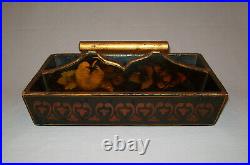 Antique 19th C 1830s Wooden Knife Box Gold Hearts Stenciled on Black Square Nail