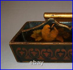 Antique 19th C 1830s Wooden Knife Box Gold Hearts Stenciled on Black Square Nail