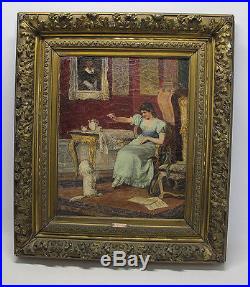 Antique 19th c Hans Hosch Victorian Interior Girl & Dog Oil/Canvas Painting yqz
