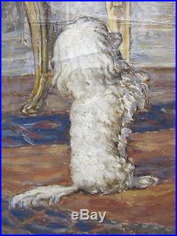 Antique 19th c Hans Hosch Victorian Interior Girl & Dog Oil/Canvas Painting yqz