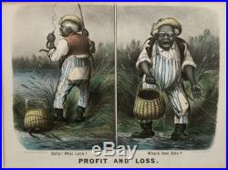Antique 19thC Currier & Ives Black Americana Eel Fishing Print, Profit & Loss NR