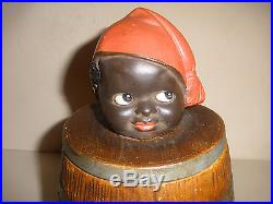 Antique 19thc Black Americana Terra Cotta Figural boy barrel Tobacco Jar Humidor