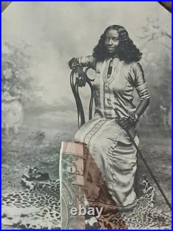 Antique African American COLORED FEMALE SITTING LEOPARD PRINT RUG