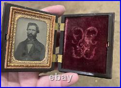 Antique Ambrotype Photo Bearded Man Gutta Percha Case