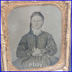 Antique Ambrotype Photo of Very Beautiful Young Woman Civil War Era Plaid Dress