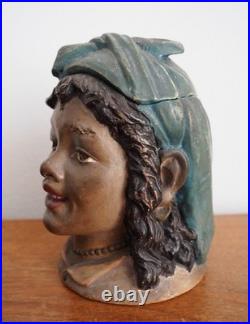 Antique Bernard Bloch Austrian Tobacco Jar Humidor Black Americana Young girl