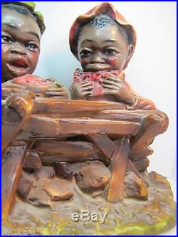 Antique Black Americana Chalkware Three Boys Eating Watermelon by Fence Large
