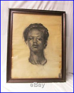 Antique Black Americana Charcoal Drawing Portrait of a Black Woman Framed