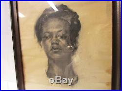 Antique Black Americana Charcoal Drawing Portrait of a Black Woman Framed