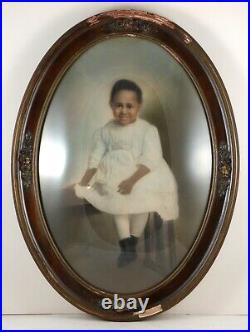 Antique Black Americana Child Photo Portrait Oval Frame Convex Glass 17 x 23