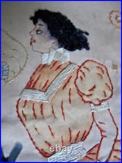 Antique Black Americana Embroidered Pillow Cover c. 1900 Charming Couples