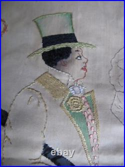 Antique Black Americana Embroidered Pillow Cover c. 1900 Charming Couples