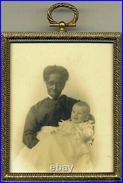 Antique Brass Photo Frame with Postcard Photo of African American Nanny with Child