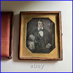 Antique Cased Daguerreotype Photograph Dapper Young Man Book/Bible Great Hair