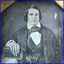 Antique Cased Daguerreotype Photograph Dapper Young Man Book/Bible Great Hair